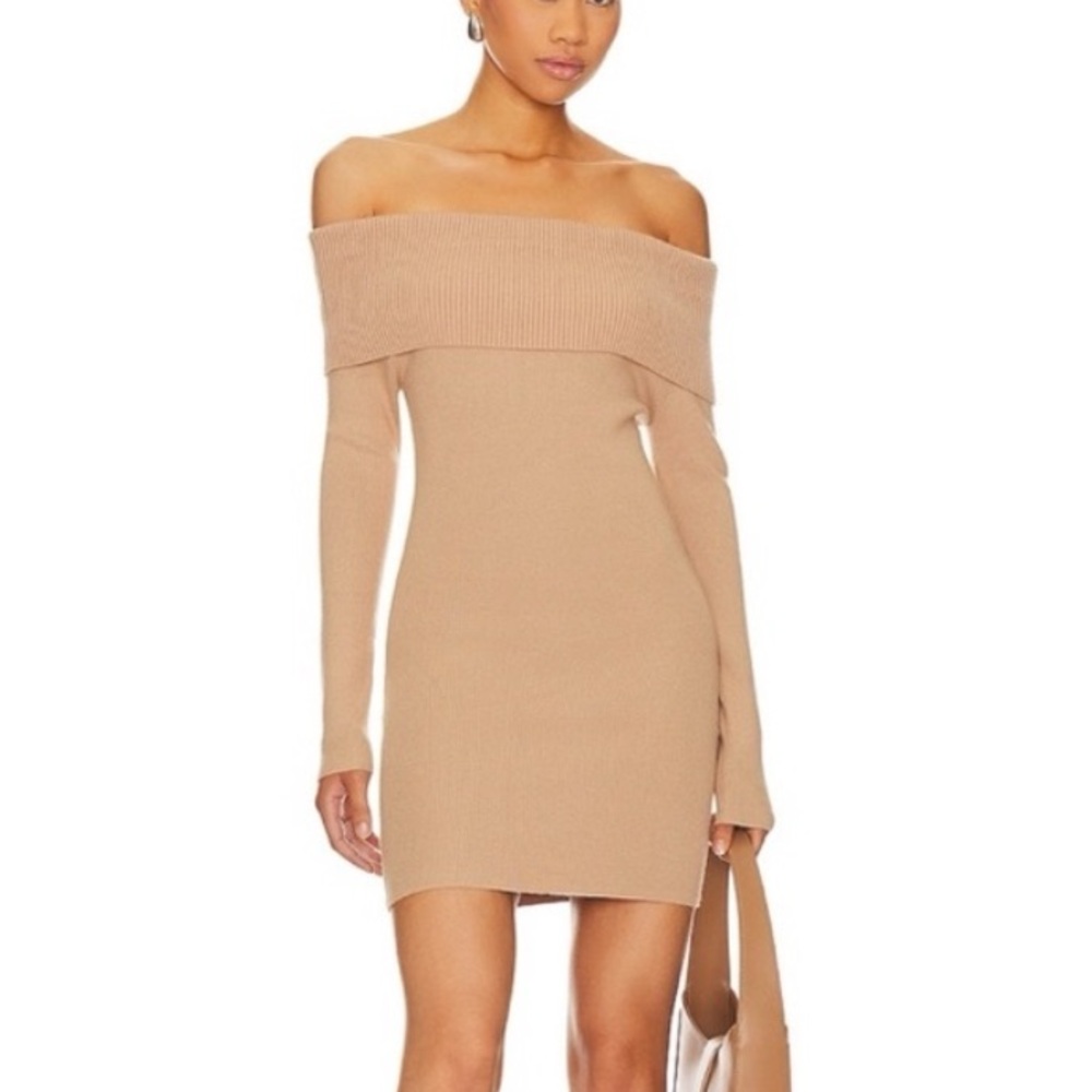 Revolve Line and Dot Beige Off-Shoulder Knit Dress